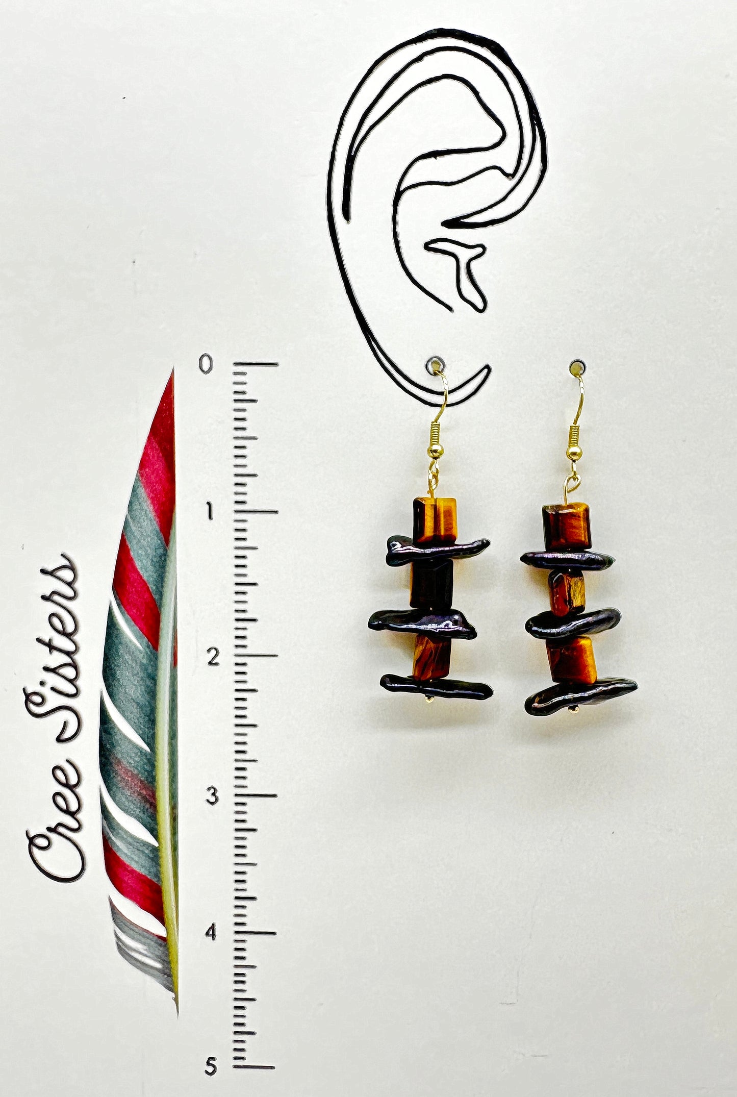 Boucles d'oreilles artisanales indigènes - 'Inukshuk' œil de tigre et nacre