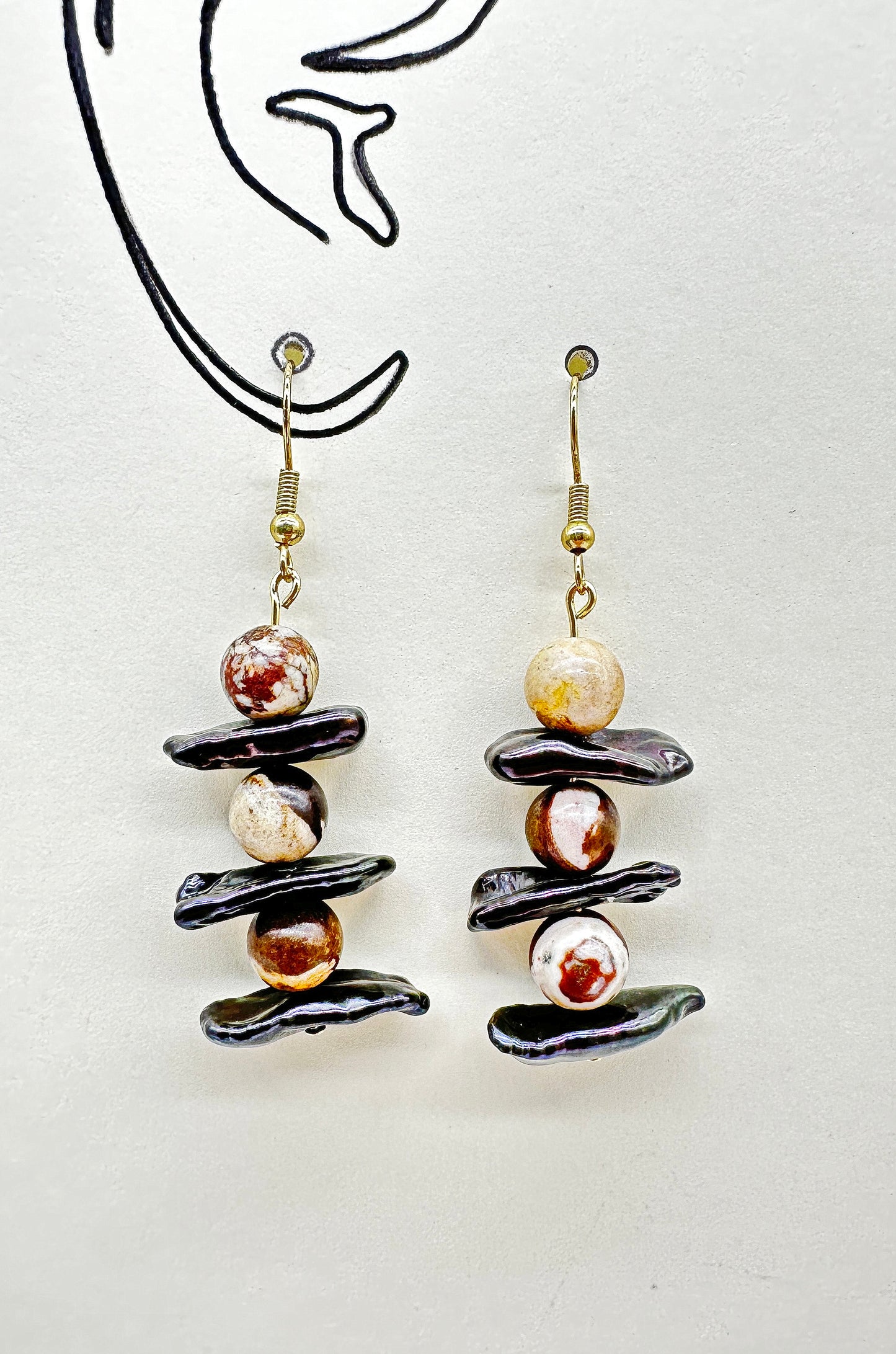 Indigenous Handcrafted Earrings - 'Inukshuk' Zebra Stone & Mother-of-Pearl